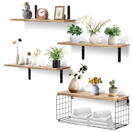 Homvvi Bathroom Shelves Wall Mounted Floating Shelf with Brackets and Wire Storage Basket Over Toilet (Set of 4+1), Rustic Scaffold Board Shelves for Bathroom, Kitchen, Bedroom,Living Room,Workshop