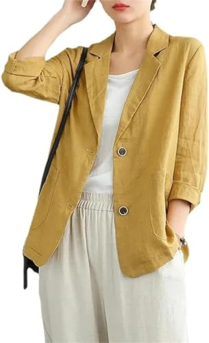 Blazer en Coton et Lin pour Femmes Printemps et été Veste décontractée à Revers Unicolore à Manches Longues Veste Fine à Boucle