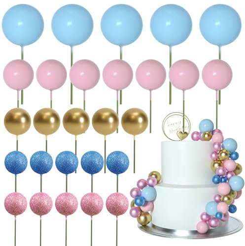 ASTARON 50 Pcs Ball Cake Topper Sticks Mini Balloons for Cake Decorating Supplies Foam Balls Cake decorations for Baby Shower Cake Birthday Cake Toppers Decorations (Pink Blue Series)
