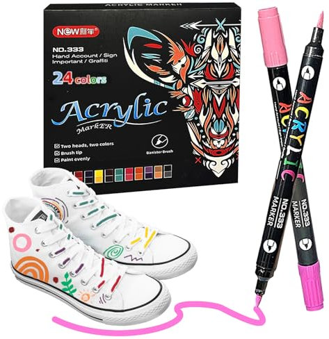 HarttiHome 12 Fabric Colouring Pens, 24 Farben Fein und Pinsel Dual-Tip Acryl Farbe Marker Stift Set für Leinwand Rock Holz Leder Keramik DIY Malerei