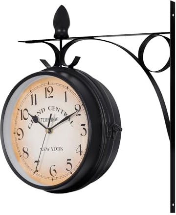 KayEsampra Bahnhofsuhr doppelseitig,Vintage Bahnhofsuhr Doppelseitig Wanduhr, Wasserfest Outdoor Garten Uhr, Bahnhof mit Halterung, Retro Eisen, 29cm, Groß Uhr für Drinnen und Draußen, Schwarz
