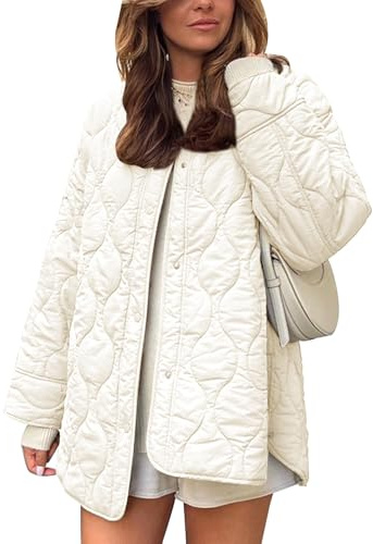 Flygo Women's Oversized Quilted Lightweight Jacket Button Down Puffer Padded Outerwear with Pocket(Beige-XL)