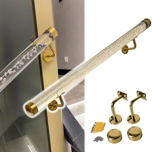 Clear Acrylic Hand Rail with Bubbles 3 4 5 6 10 12 13 14 20 Ft, Round Rod Handrail with Metal Brackets for Indoor Stair/Outdoor Step, Wall Mounted Hand Rails Grab Bar Railing(Gold bracket,3.6m/12ft)