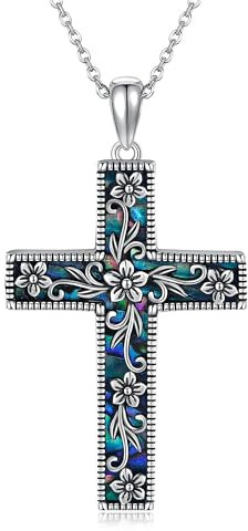 Cross Necklace Sterling Silver Cross Flower Pendant Necklace Christian Religious Vintage Jewellery Gifts for Women