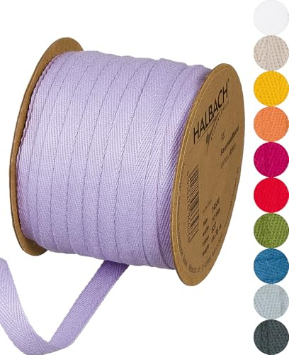 Halbach Sidenband bomullsband | 10 mm x 30 m | vävband 100% bomull | Band för pyssel som metervara | tygband för dekorationer, gör-det-själv-hantverk, snedband sömnadsarbeten, färg: lavendel | Vävband av 100 % bomull, metervara för pyssel, dekoration och sömnad