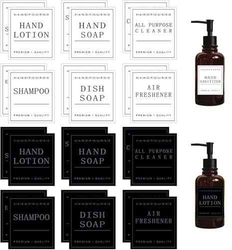 Diffaxy Lot de 24 étiquettes imperméables pour bouteilles de salle de bain - Étiquettes amovibles pour savon, gel douche, shampooing et après-shampoing (noir, blanc)