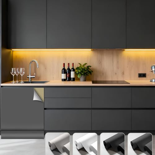 Pellicola Adesiva Per Mobili Grigio Scuro, Carta Adesiva Per Mobili, 80x550cm Carta da Parati Autoadesiva Impermeabile, Rotolo Adesivo, Rivestimento Adesivo Decorativa Per Cucina Armadio Armadio Porta