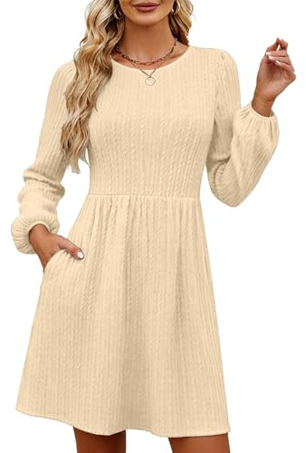GRMLRPT Vestido de mujer de manga larga con cuello redondo, elegante, hasta la rodilla, de otoño, casual, A-linea, cómodo, midi (multicolor, S-XXL), beige, L
