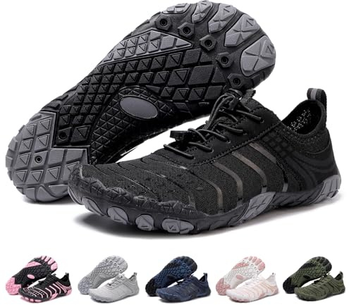 Barefoot Shoes Quick Dry Aqua Shoes Water Shoes Men Women Summer Beach Shoes Toe Protection Non Slip Swimming Shoes Lightweight Stylish River Shoes, Black, 9UK