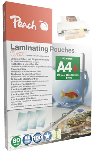 Peach S-PP580-21 - Pellicole di laminazione A4 – 80 mic – 100 pouches – raccoglitore pratico per raccoglitori – compatibile con plastificatrici di tutti i produttori – 100 pouches