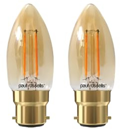 paul russells LED Candle Filament Light – 2.5W 20W Equivalent Replacement, 200LM Lumens, 2200K Extra Warm White, BC B22 Bayonet Cap C35 Bulbs – Energy Saving Non-Dimmable Lamps - 2 Pack