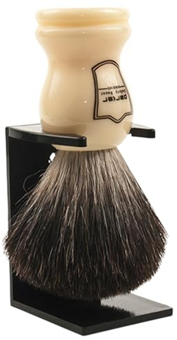 Parker Blaireau de rasage 100 % poils de blaireau noirs avec manche blanc – Poils de blaireau extra denses pour créer une mousse de qualité supérieure – Support de brosse inclus