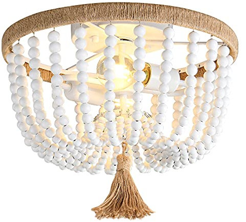 H.W.S Deckenleuchte Wohnzimmer Deckenlampe Holz Bauernhaus Kronleuchter Hölzern Perlen Vintage Pendelleuchte Fixture Flush-halterung Schlafzimmer Küche Lampe Esszimmer Flurlampe (B)