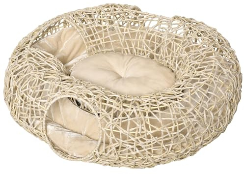 PawHut Cama de Ratán para Gatos 78x69x22 cm con Cojín Suave, 3 Orificios de Acceso y Túnel de Madera Natural