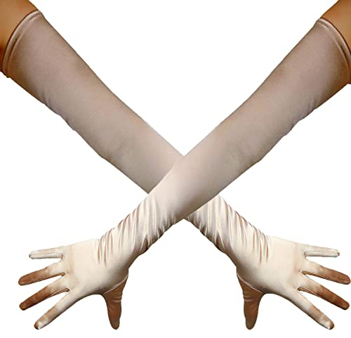 DooWay Damen-Handschuhe, extralang, Satin-Handschuhe, 70 cm, glänzend, Stretch, Hochzeit, Abendkostüm, Party, champagnerfarben, 38