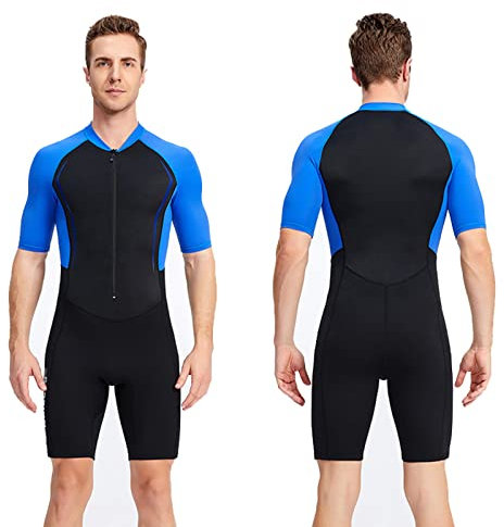 Neoprenanzug Herren Kurz, 1.5mm Taucheranzug Damen mit Frontverschluss, Ultra-Stretch Neopren Nassanzüge für Spearfishing, Schnorcheln, Surfen, Kanufahren,Men Blue,XXL