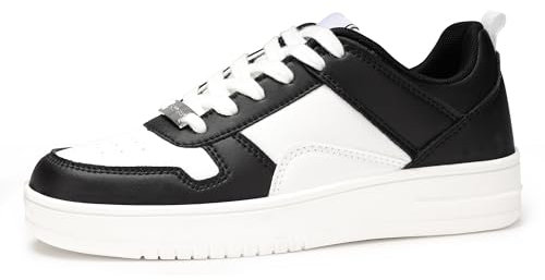 LUCKY STEP Damen-Sneaker mit Glitzernden Strasssteinen, Leder Low-Top Sneaker zum Schnüren, Lässige, Bequeme Walkingschuhe (Schwarz/Weiß, 8US-38EU-5UK)