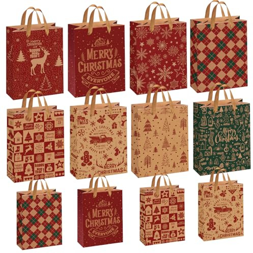 BEGKYA 12PCS Christmas Kraft Gift Bags, Large/Small Different Sizes Christmas Paper Bags for Presents Set, Recycled Xmas Gift Bags With Handles, Wrapping Party Bags Multipack for Kids With 8 Designs