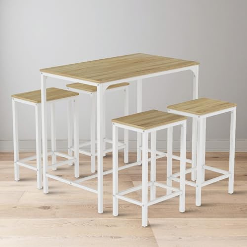 buybyroom Mesa alta con 4 taburetes de bar, 100 x 60 x 90 cm, Set de bar industrial con mesa de comedor y cocina, 30 x 40 x 65 cm