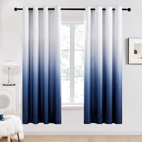 Deconovo Blackout Curtains for Bedroom & Living Room, Thermal Insulated, Noise Reducing, 2 Panels, W52 x L84, Navy Blue and White, Ombre