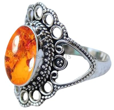 Solid 925 Sterling Silver Ring for Women & Men, Amber Ring Gemstone Unique Handcrafted Ring (US Size 9)