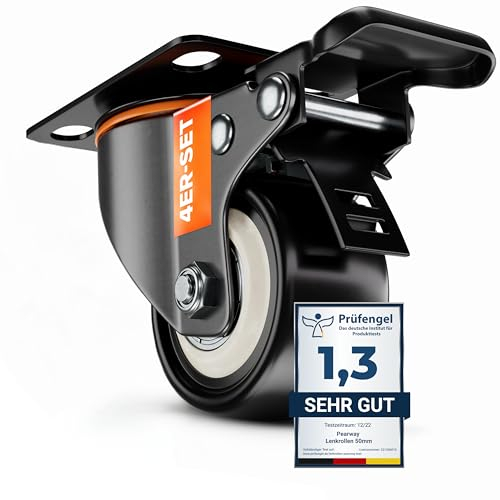 PEARWAY Ruedas para cargas pesadas de 50 mm, capacidad de carga de hasta 320 kg [4 x frenos], extra silenciosas y duraderas, ruedas giratorias para taller, muebles y exteriores, ruedas para muebles