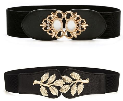 KAHOUI Wide Belts for Women, 2PCS Ladies Elasticated Belt, Ladies Belt, Women's Wide Elastic Belt Stretch Elasticated Waist Belts Cinch Belt Vintage Women Belts for Dresses (Black)
