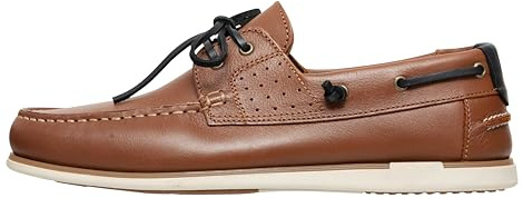 Zapatos de barco para hombre, de piel auténtica, mocasines planos con cordones de piel, en azul oscuro y marrón, 2 zapatos para barco de ojos, marrón, 44 EU Estrecho