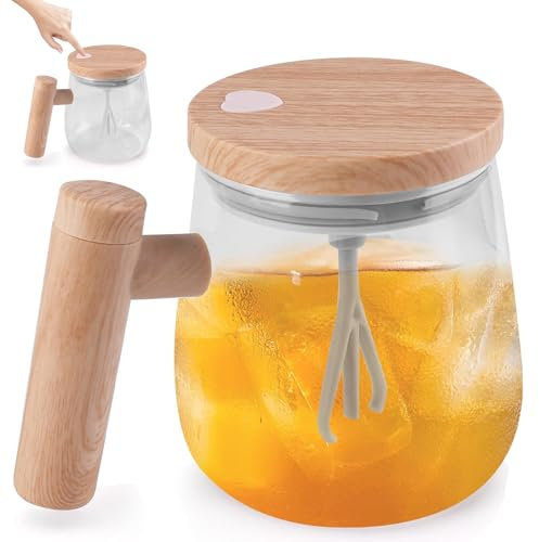 Taza autoagitable: 400 ml taza de café eléctrica automática de vidrio de borosilicato alto taza de mezcla con tapa mango mango taza mezcladora taza de café para café leche cacao té jugo - color arce