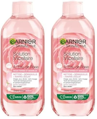 Garnier Skin Active - Solution Micellaire à l'Eau de Rose Tout-En-1 - Peaux Ternes et Sensibles - Grand Format 400 ml (Lot de 2)