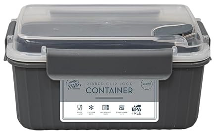 Tech Island Clip Lock Container 960ml Food Storage Container Airtight Lid, Ideal for Lunch Box Sandwiches, Dough, Cereal, Spaghetti, & More, Clear Plastic Microwave, Fridge, Dishwasher Safe (Grey)