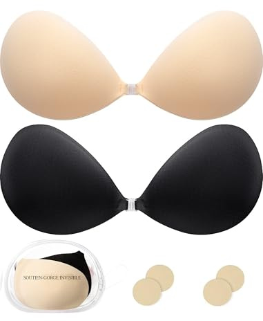 Hocent 2 Paires de Soutiens-Gorge Push-Up Adhésifs pour Femmes - Soutien-Gorge Invisibles, Respirants & Réutilisables, sans Bretelles et sans Dos pour Un Port Quotidien avec 2 Packs de Couvre-Nipples