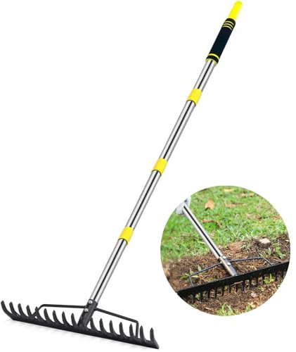 Heavy Duty Bow Rake for Lawns, 17 Tine Metal Rake Level Soil 5.58FT