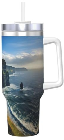 Ireland Outdoors County Clare The Cliffs - Borraccia termica a doppia parete in acciaio inox, con manico e coperchio con cannuccia, 1,18 l