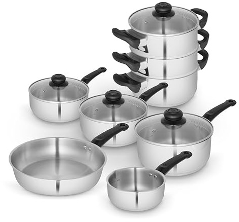 Swan Townhouse 8 Piece Stainless Steel Cookware Set with 16/18/20cm Saucepans with Glass Lids, 14cm Milk Pan, 24cm Frying Pan, 18cm 3 Tier Steamer, Stainless Steel