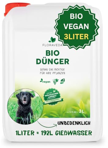 Floraveda Bio Flüssigdünger 3 L | Für Zimmerpflanzen, Balkon, Hochbeet & Garten | Ganzjährig einsetzbarer Pflanzendünger mit Kalium & Stickstoff | Vegan, 100 % pflanzlich aus Traubentrestern