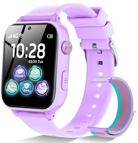 Montre Connectée Enfant 4G, Smartwatch Téléphone pour Filles Garçons avec GPS, SOS, WiFi, Appel Vidéo, Chat, Mode Classe Notification Jeux Réveil, Montre Intelligente Enfants Cadeau 4 -12 Anss, Violet