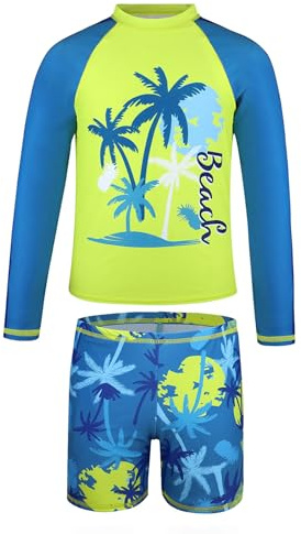 FEESHOW Jungen Bade Set 2 -teiliges Langarm Rash Guard Badetop Stranddruck Badehose Set Kinder Badesachen Grün 140-146