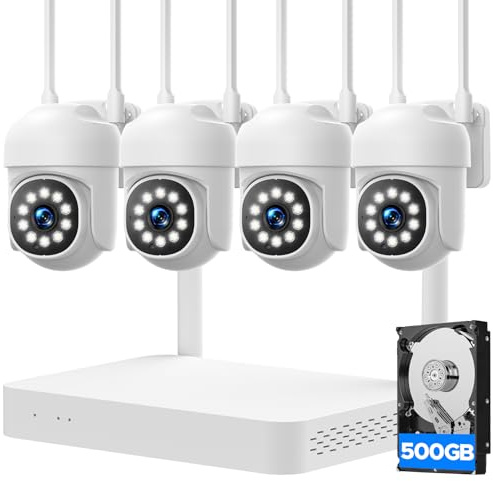 MOSBOK Home Security Camera System, 4Pcs PTZ Wireless Cameras with Auto Human/Pet/Vehicle Detection, 10CH 4K NVR with 24-7 Recording, 2-Way Audio, Smart Color Night Vision, Outdoor Surveillance Kit