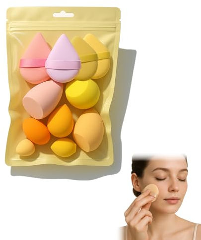 EUYKQNOI Juego de 11 Esponjas Maquillaje Profesional - Beauty Blender Amarillo, Set para Base, BB Cream y Líquido, Sin Látex, Uso Húmedo/Seco, 11 Piezas
