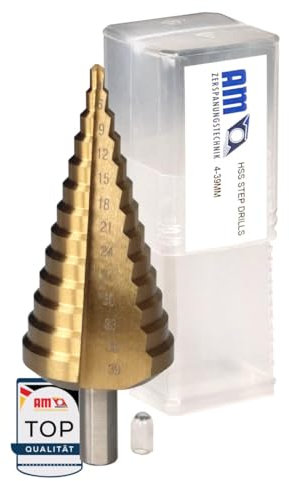 AM-Zerspanungstechnik Broca escalonada HSS TiN 4-39 mm | Broca cónica para metal, madera, plástico | Broca peladora | Broca escalonada de metal Ø4-39 HSS-TiN