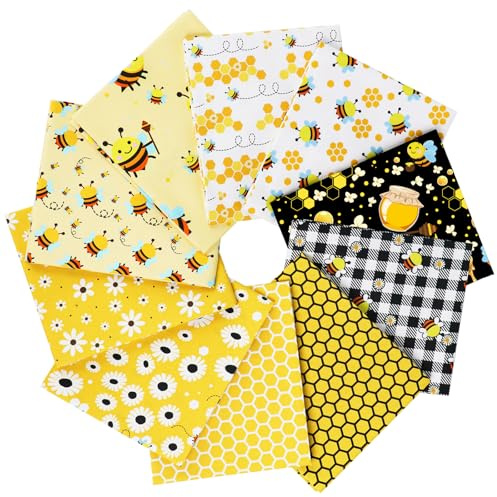 Craftido 10 pezzi di Tessuto in Cotone Fat Quarters 18”x21”(46x53cm) - Peso Medio 145g - Tessuto 100% Cotone per Quilting, Cucito, Patchwork, DIY e Artigianato Fatto a Mano - Honey Bees