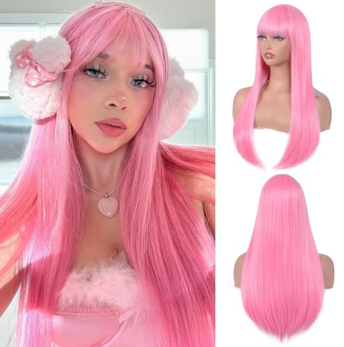 Creamily Lång rosa peruk med lugg, lång, rak peruk för kvinnor, syntetisk, daglig användning, fest, halloweenkostymer, cosplay, peruk, 56 cm (22 tum), rosa