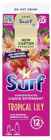 Surf Tropical Lily Laundry Washing Liquid Detergent with a joy-infused fragrance & natural essential oils lasting up to 12 hours in wear for brilliantly clean results 24 washes 648 ml