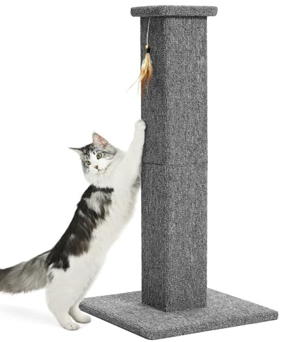 Made4Pets Cat Scratching Post, 32 Inch Carpet Covered Cat Scratcher with Kitten Toy, Tall Scratching Post for Indoor Cats Adults and Kittens, Grey