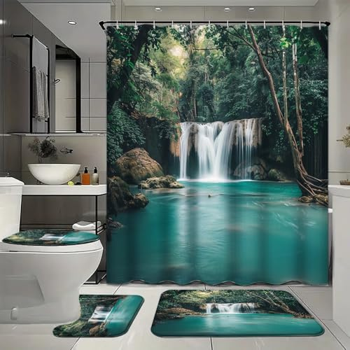 SOPIYRIO Rustic Forest Waterfall Waterproof Shower Curtain Set (72x72 Inch) with Non-Slip Bath Rugs, 4 Piece Beautiful Pond Natural Tree Bathroom Set Includes U-Shaped Mat & Toilet Seat Cover