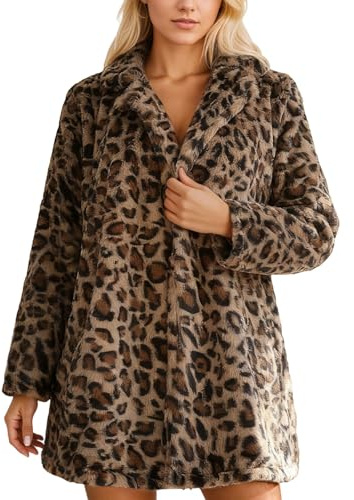 Duohropke Abrigo de piel sintética para mujer, estampado de leopardo, chaqueta de invierno de piel sintética, chaqueta de entretiempo, chaqueta de entretiempo, tallas grandes, abrigo de piel grueso