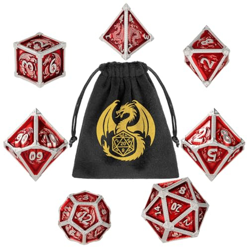 Set di Dadi in Metallo DND, Modello del Drago, 7 pezzi di Dadi Poliedrici, Accessori per Giochi di Ruolo, MTG, Regali D&D con Borsa Regalo, D20, D12, 2 D10 (00-90 e 0-9), D8, D6 e D4, Argento + Rosso