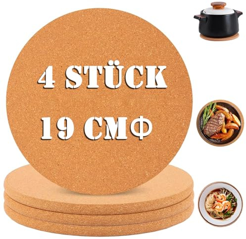 4 Pack Topfuntersetzer Kork, Rutschfester Hitzebeständiger Untersetzer, 19 cm Holz Korkuntersetzer, Wiederverwendbar Hitzebestaendig Untersetzer Kork für Zuhause Küche Wohnzimmer