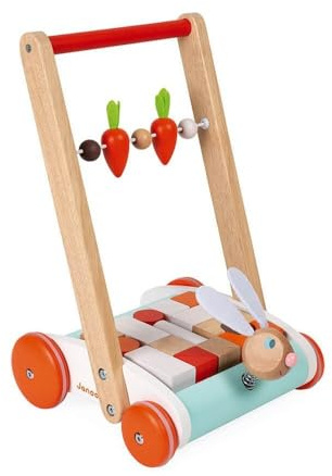 Janod - Holzwagen Hase - Holz Lauflernwagen - Wackelnder Hasenkopf auf Feder, Karotten Abakus - Mit 19 Holzbausteinen - Kinderspielzeug - Ab 1 Jahr, J08251